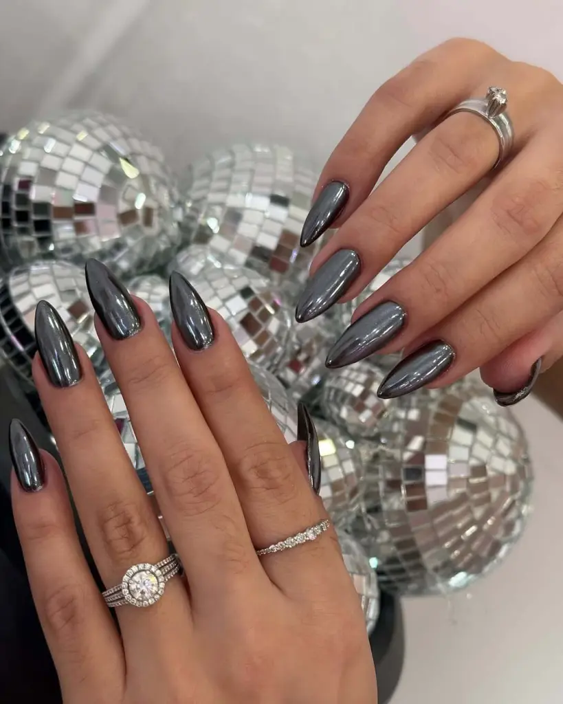 Gunmetal chrome stiletto nail designs