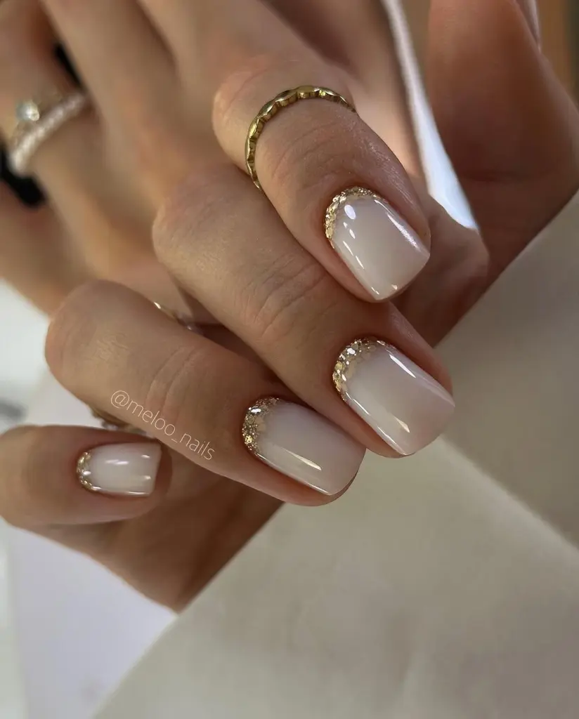 golden sparkle edges nude nails
