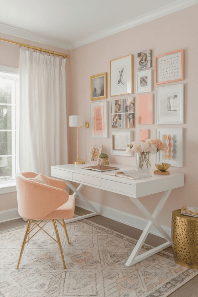 A chic and modern home office space with peach chair in front of white desk