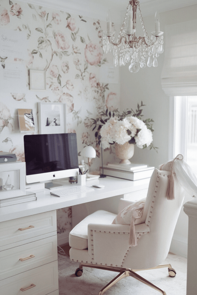 a feminine home office space with a chandelier

