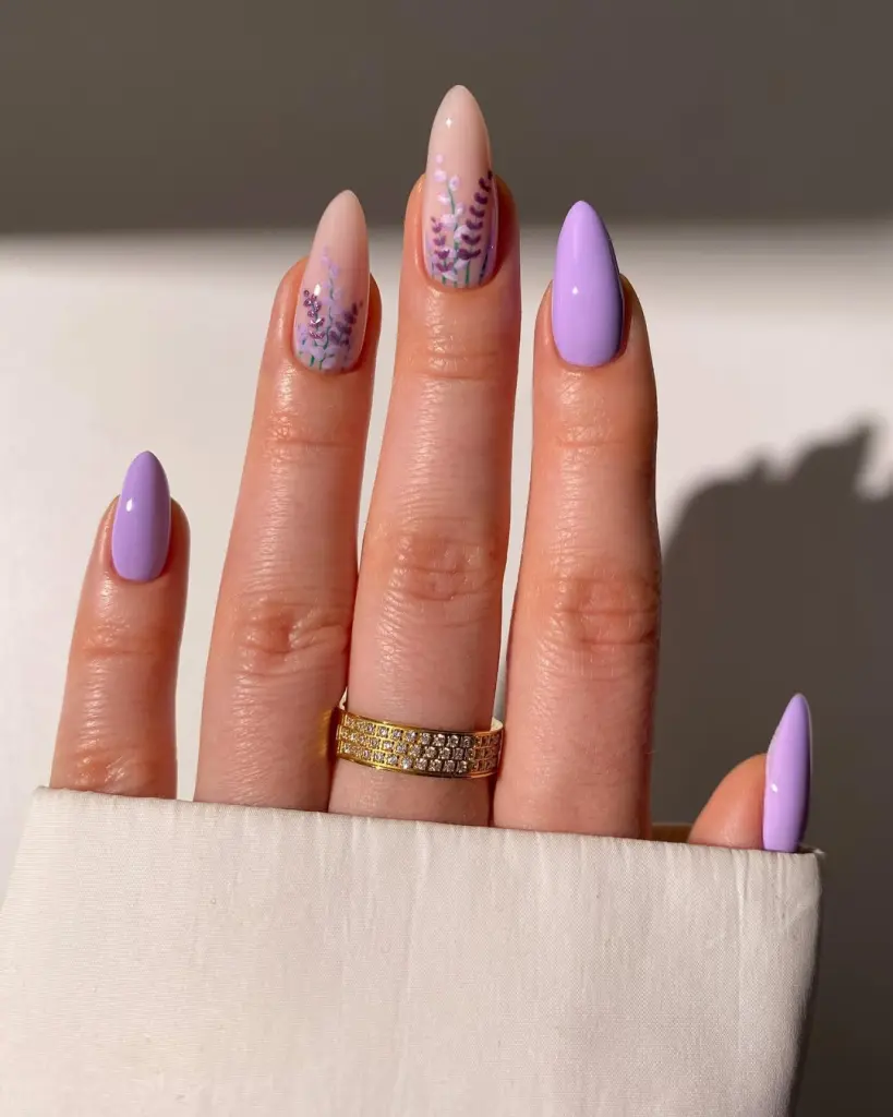 Sheer Pink and purple nails with lavender stem designs for spring
