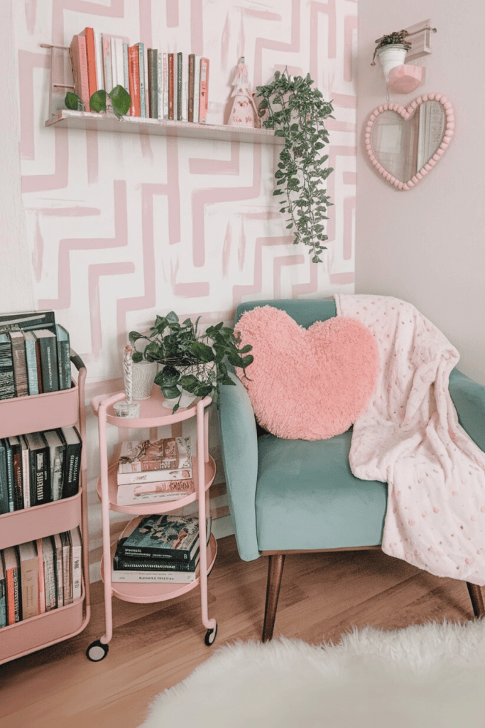 A cozy corner of a room featuring a green chair and pink rolling cart full of books
