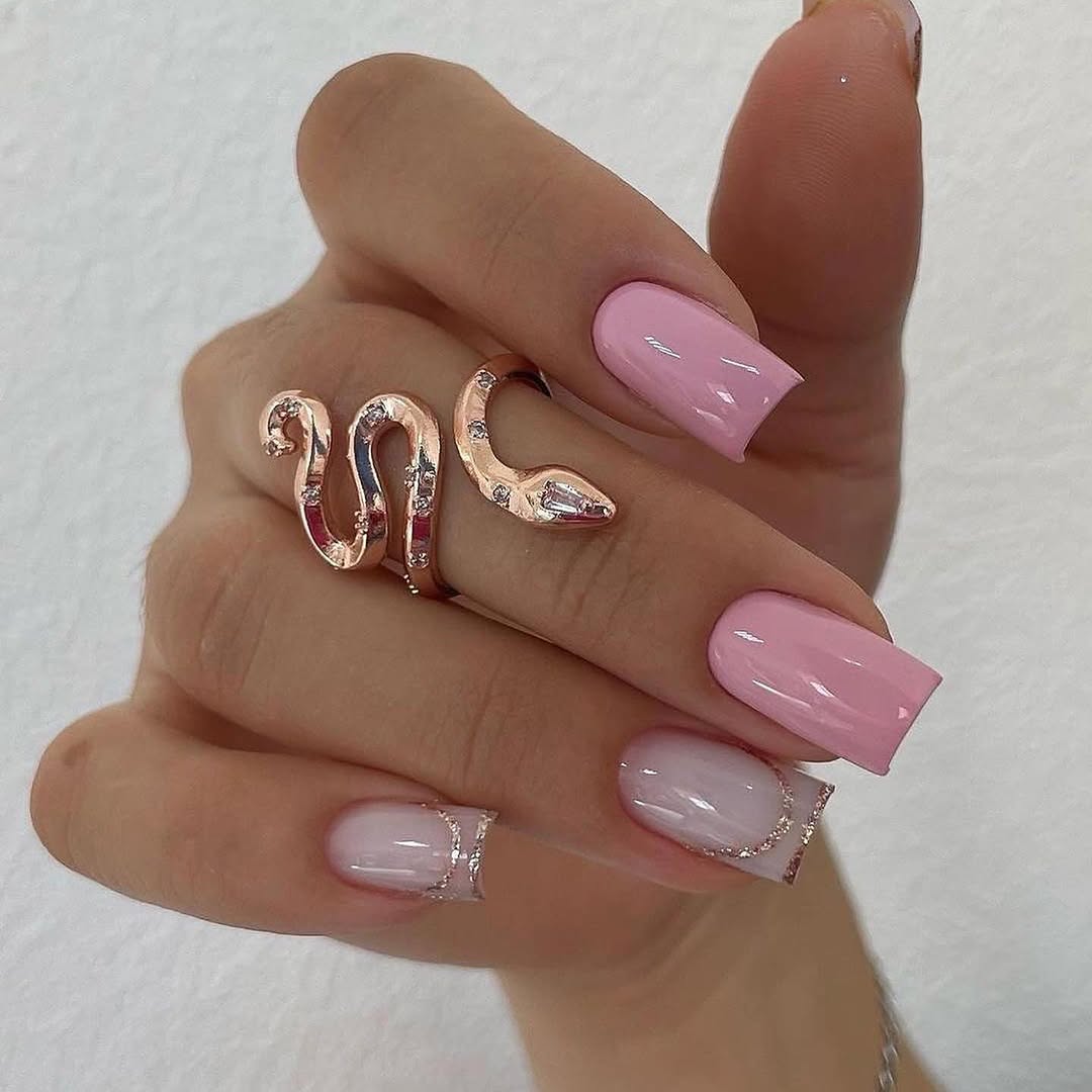 Long square nails with mixed design: baby pink full coverage and light pink base with silver glitter tips
