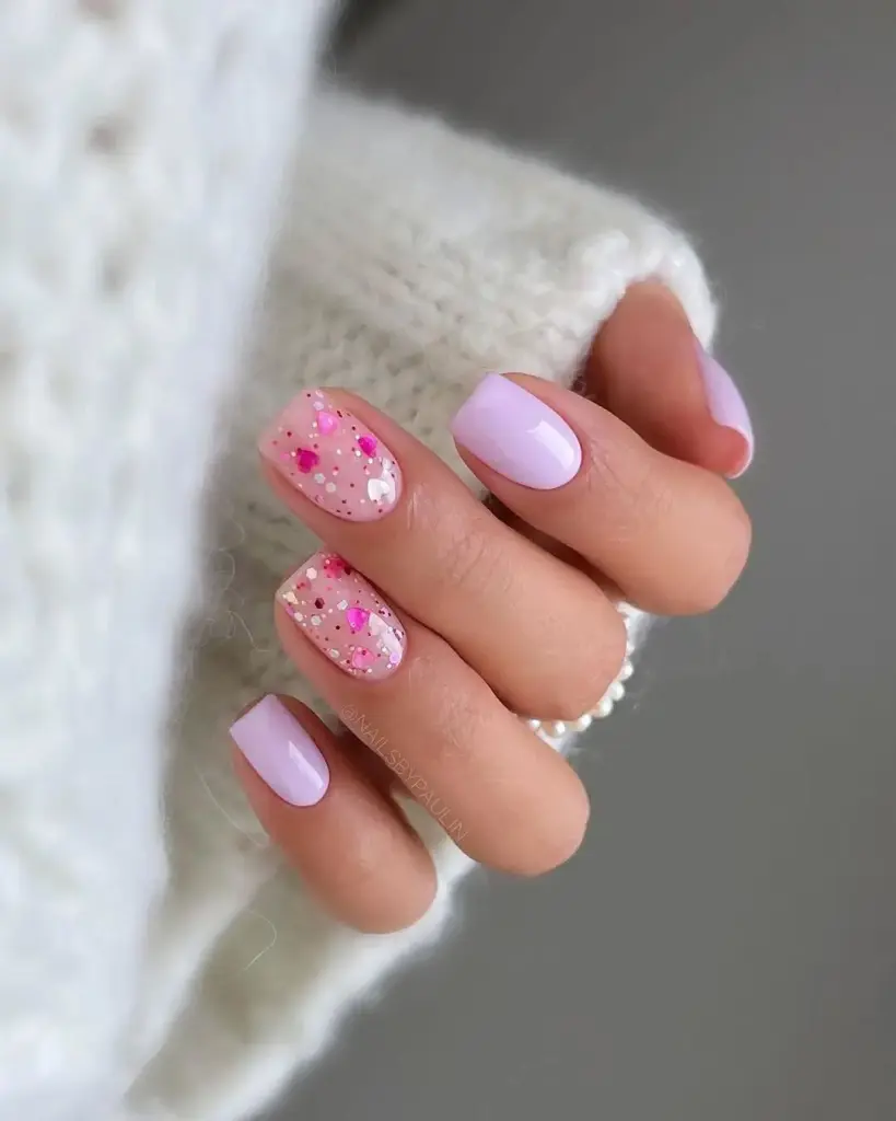 Pink and lilac nails with heart glitter accent nails