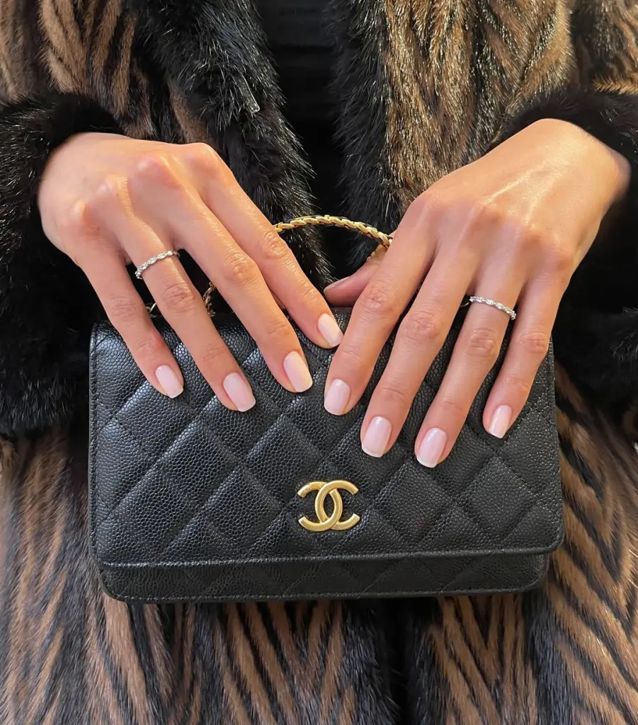 elegant short square nails with sheer pink base and white french tips