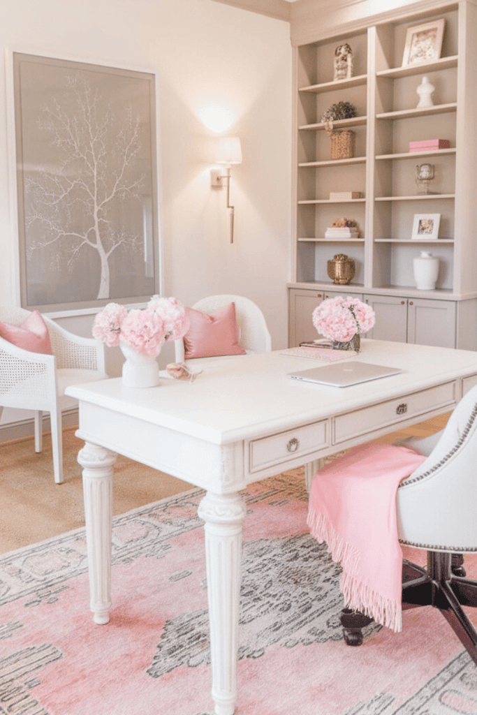 A white desk with intricate legs in a sophisticated and feminine home office space