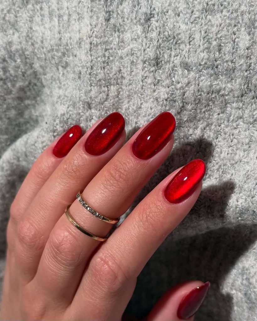 Translucent red jelly nails with high gloss finish
