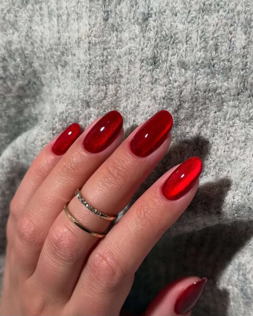 Translucent red jelly nails with high gloss finish
