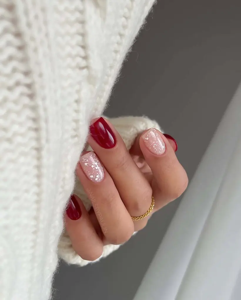 Cherry Red nails with white sparkle details