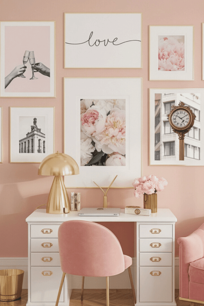 A sophisticated office room with a pastel pink wall and several artworks