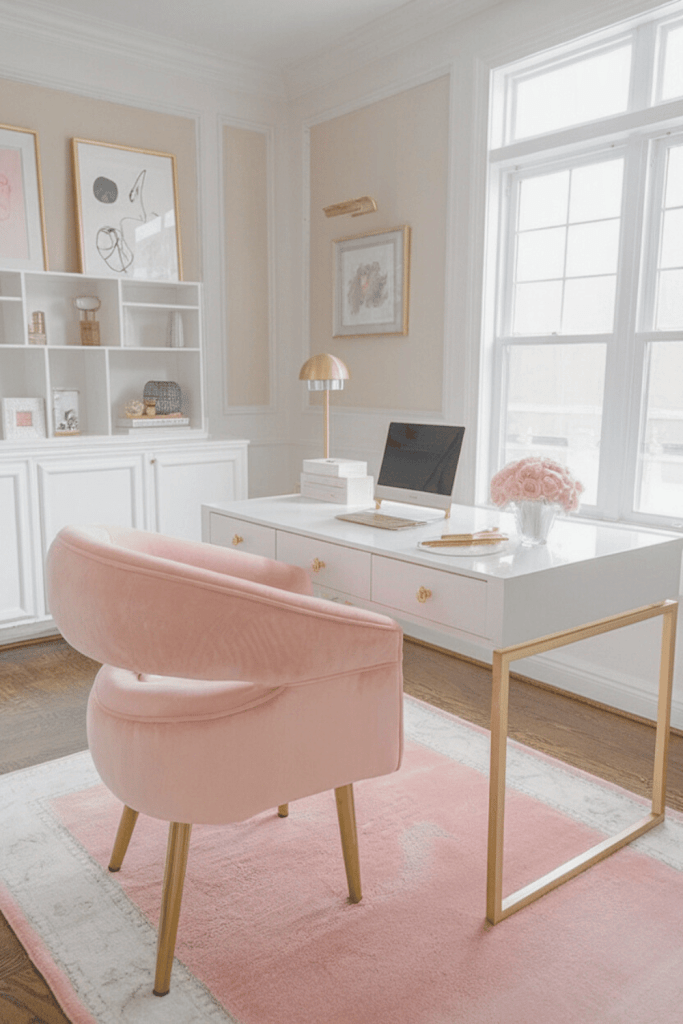 A feminine home office space featuring golden metallic accents