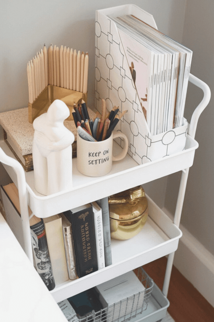 A white rolling cart with books and office supplies