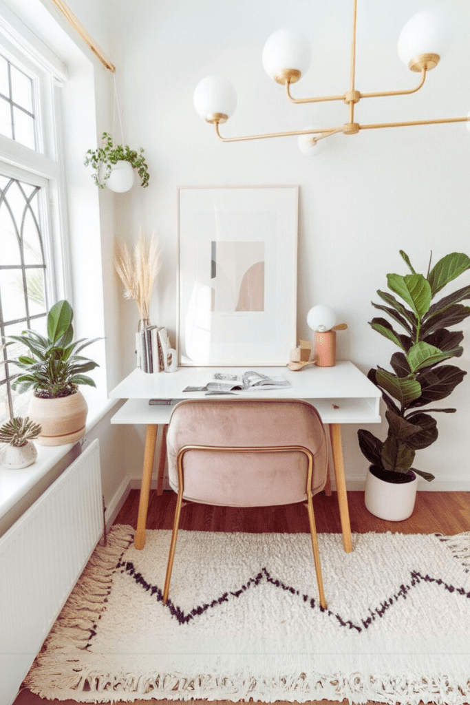A stylish and minimalist home office with several plants