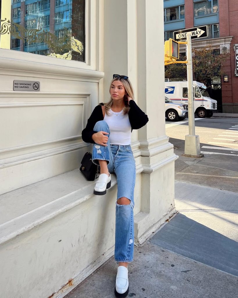 Everyday casual spring outfit with white fitted tank top, black cardigan, distressed wide-leg jeans with knee rip detail, white platform loafers, black handbag, and sunglasses