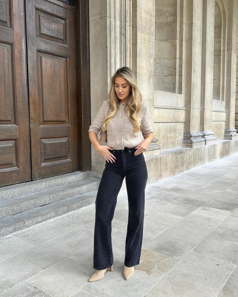 Classic spring outfit with beige cropped cardigan, black straight leg jeans, nude heels and neutral shoulder bag
