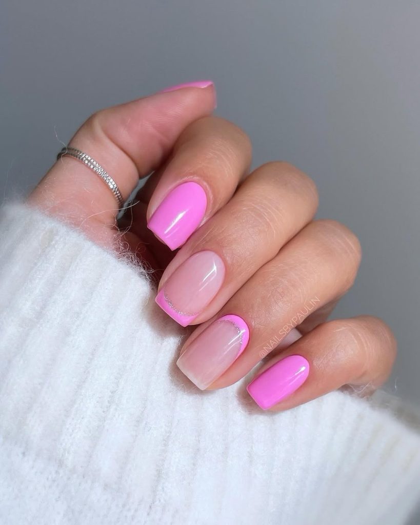 Classy square nails with mix of pink styles: solid pink, French tips, and reverse French on milky base
