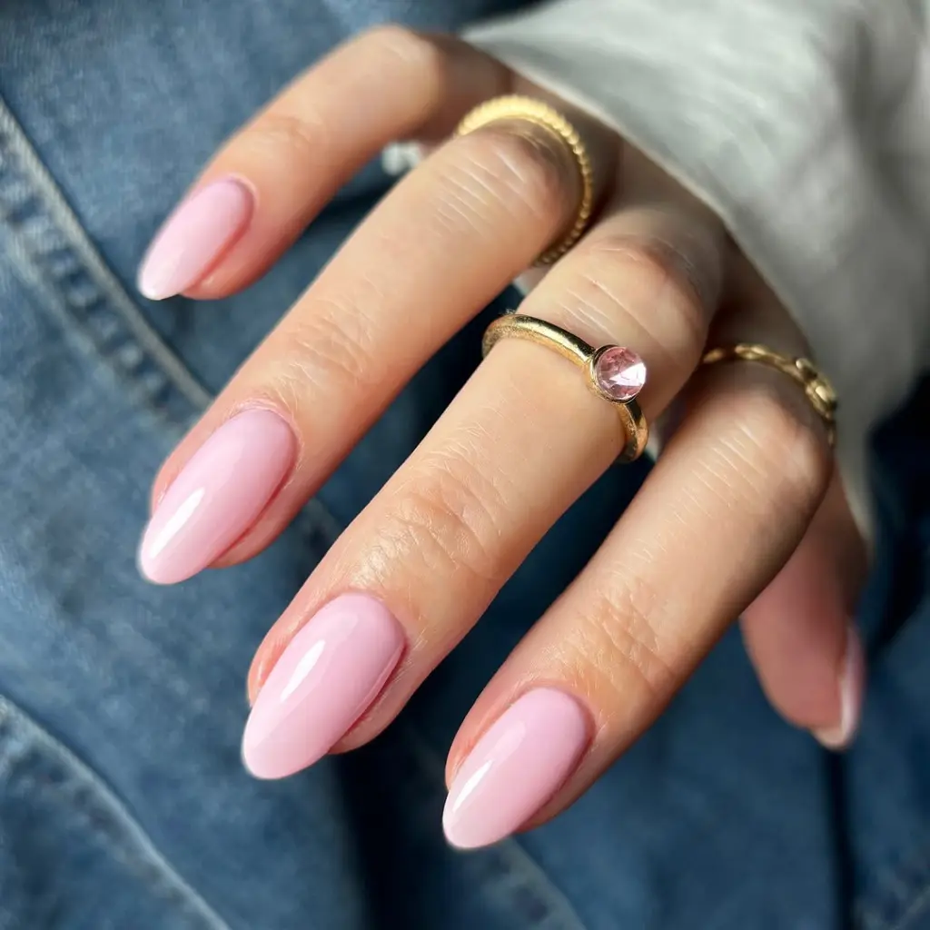 Classy light pink polish on almond shaped nails
