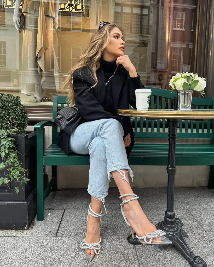 Spring classy chic outfit with black blazer, turtleneck sweater, distressed jeans, crystal bow heels and quilted black bag