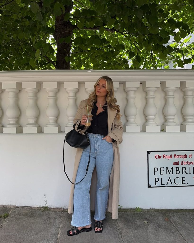 Casual spring outfit with beige trench coat, black button down, raw hem jeans and black slides
