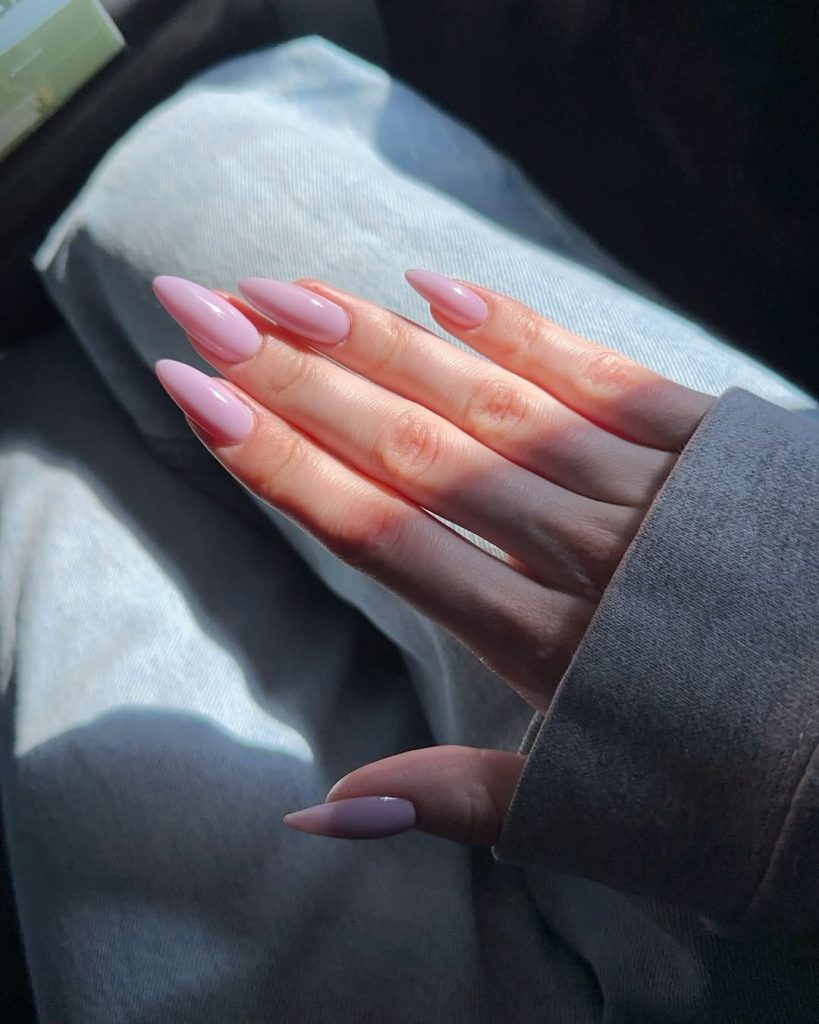 elegant Long almond nails with solid light pink polish