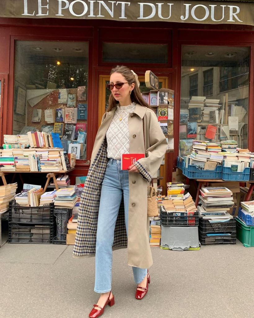 French spring outfit with check lined trench coat, white lace top, straight leg jeans and burgundy mary janes
