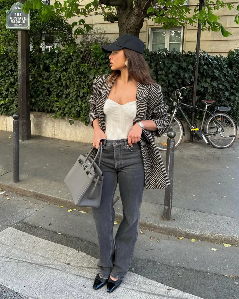 Parisian classy style outfit with herringbone blazer, white top, straight leg jeans and patent flats