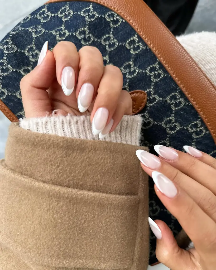 Almond french tip nails with milky base
