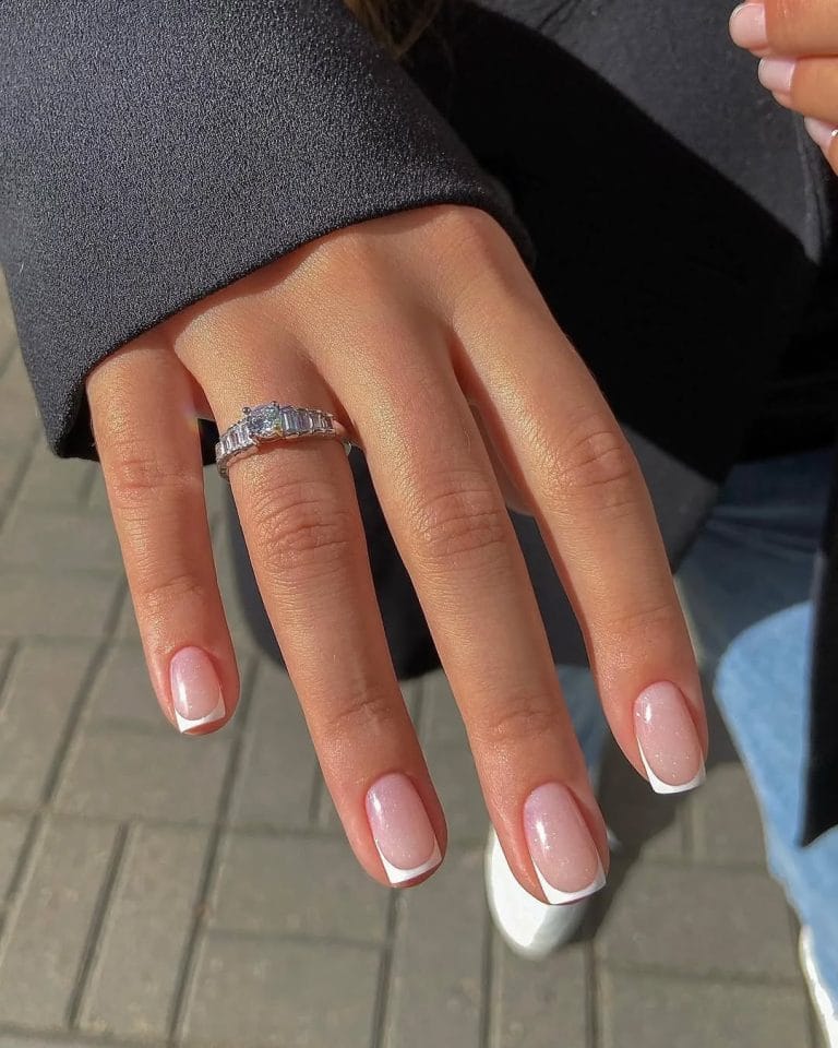 Square French tips with crisp white edges old money nails