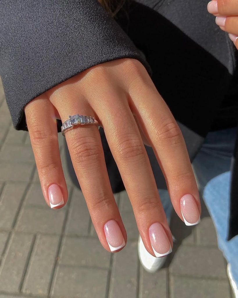 Square French tips with crisp white edges old money nails