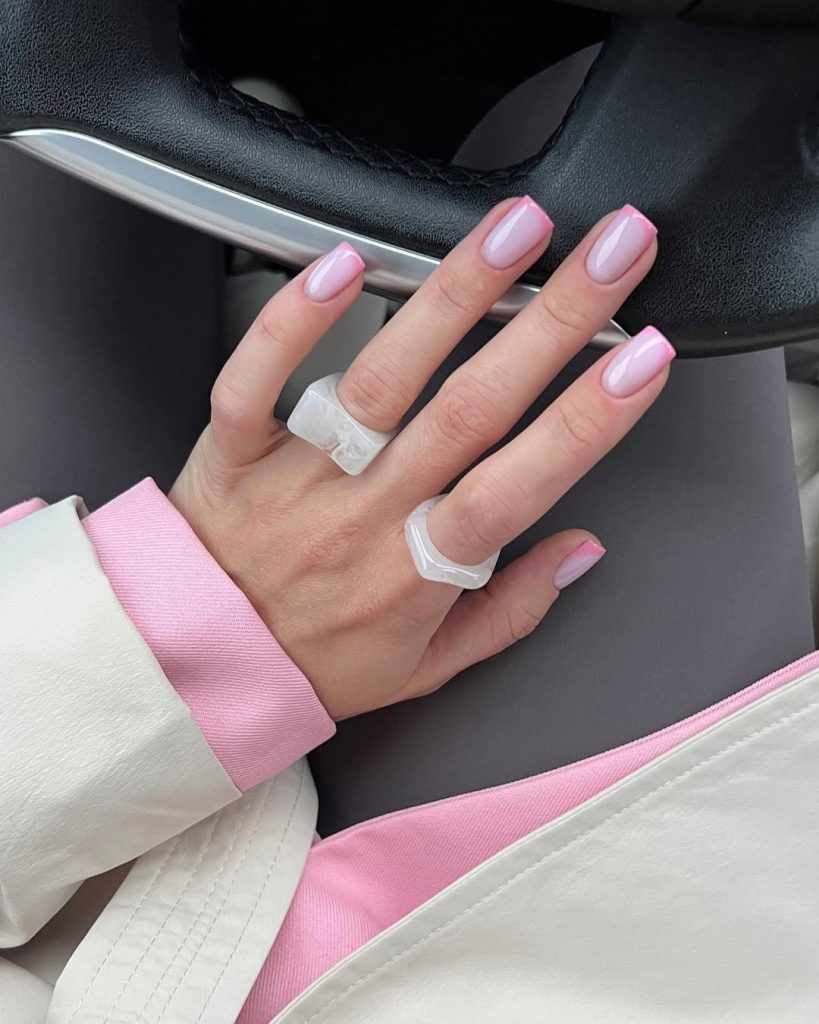 Short Square french tip nails with light pink tips
