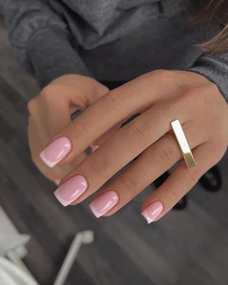 Short square milky pink nails with baby pink french tips