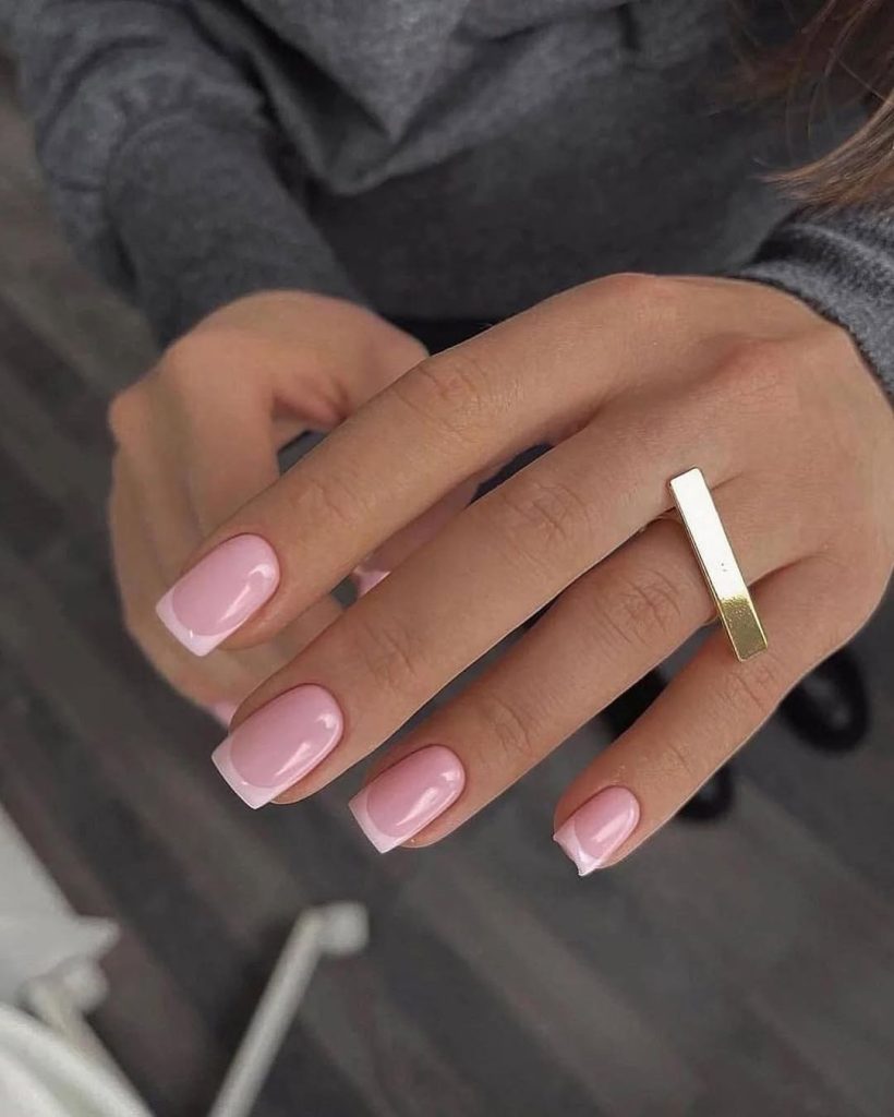 Short square milky pink nails with baby pink french tips
