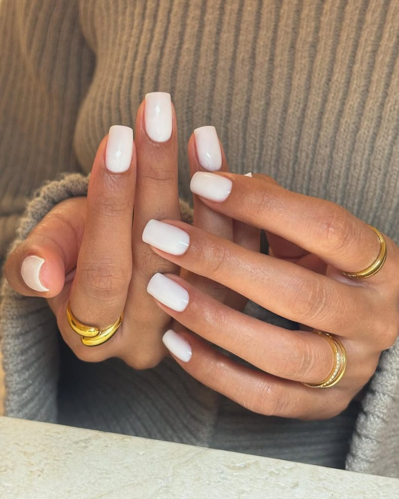 Square classy nails with milky white polish
