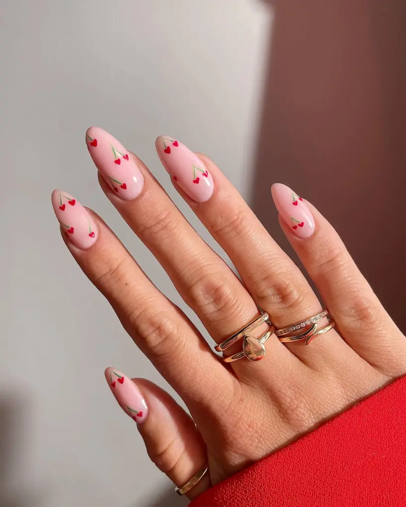 Minimalist cherry hearts on pink nude base