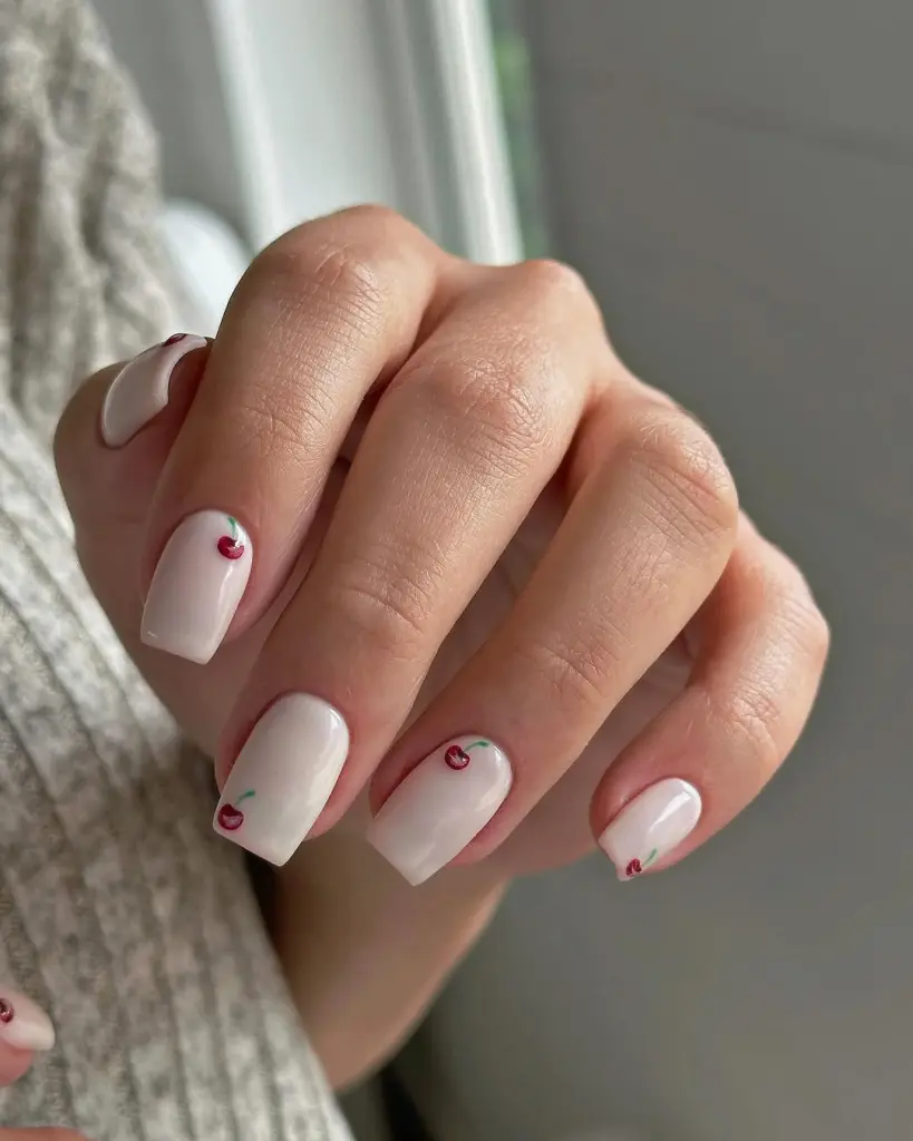 White milky nails with tiny red cherries