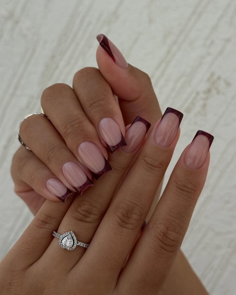 Square french tip nails with wine tips
