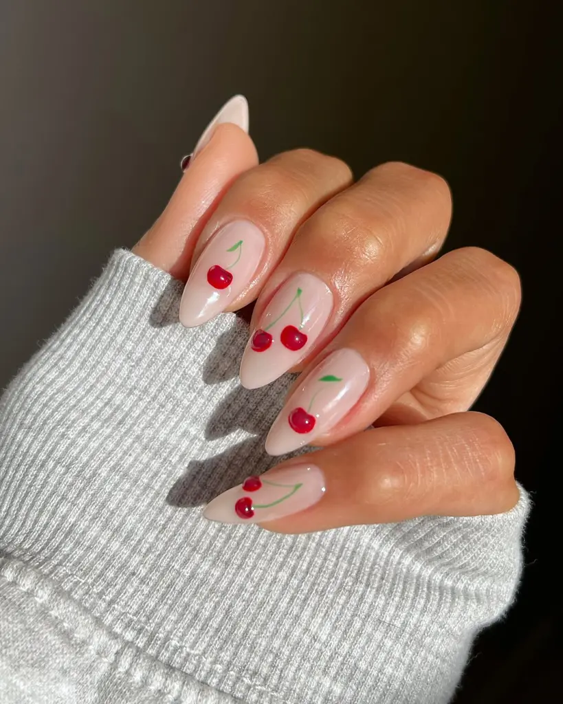 Pink nude nails with cherry art
