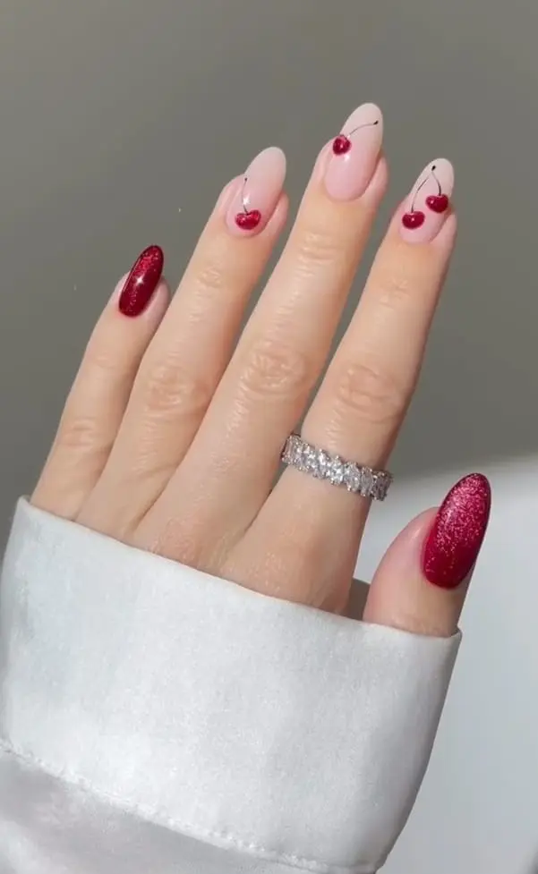 Glitter red and cherry pattern nails