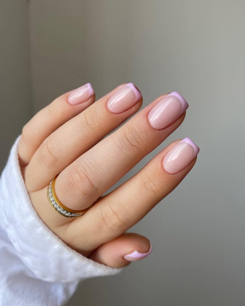 Square-shaped nude nails with delicate lavender French tips