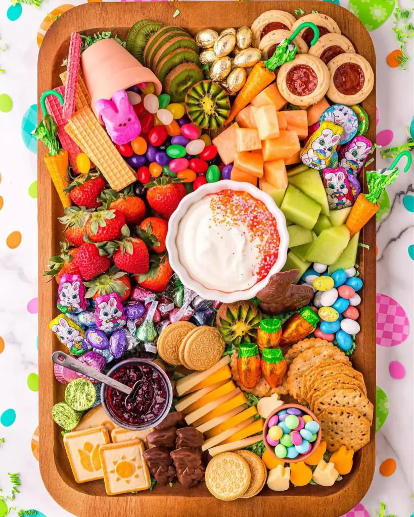 Easter dessert charcuterie board featuring colorful candies, chocolate bunnies, fruit, cookies, dipping sauce, and seasonal treats arranged on a wooden tray with festive decorations
