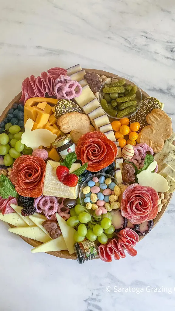 Easter charcuterie board featuring salami roses, bunny-shaped cheese cutouts, pastel candy eggs, fresh fruits, pickles, and chocolate bunnies arranged on a wooden platter against marble backdrop

