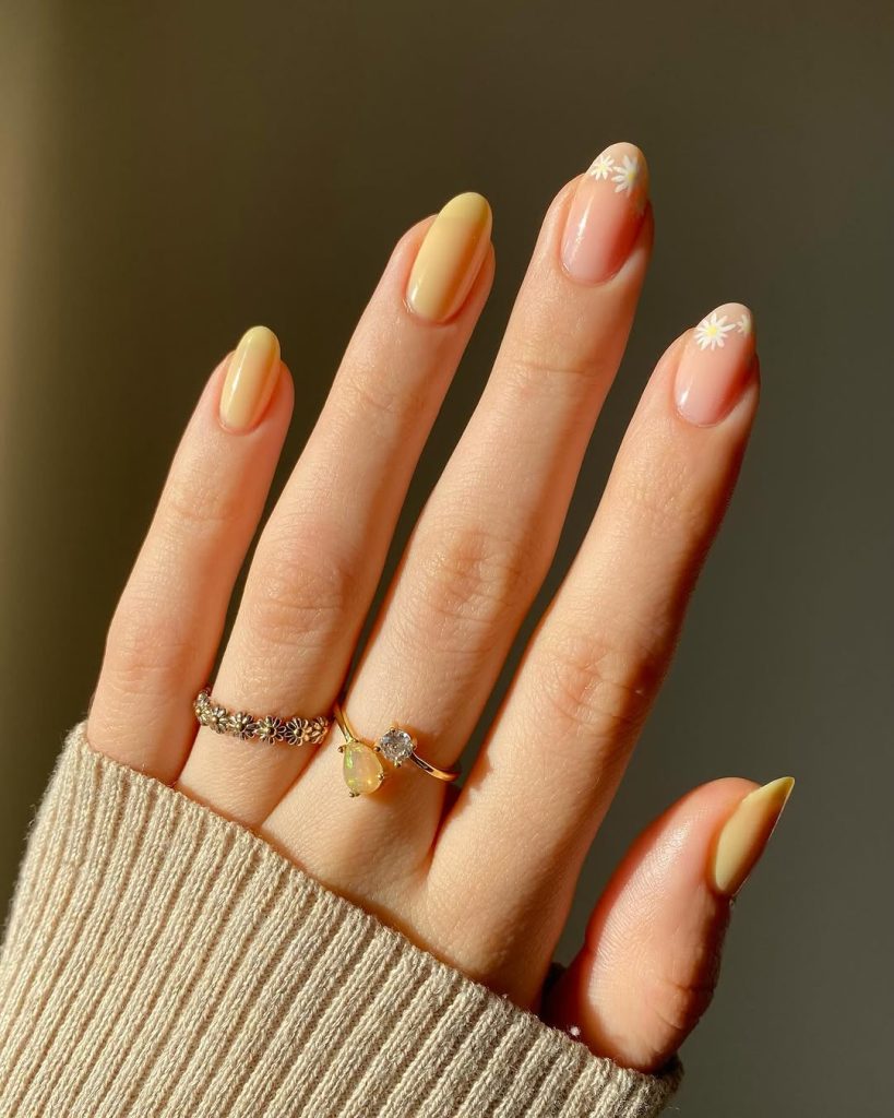Almond shaped nails with alternating butter yellow solid color and sheer pink base with white daisy flower accents
