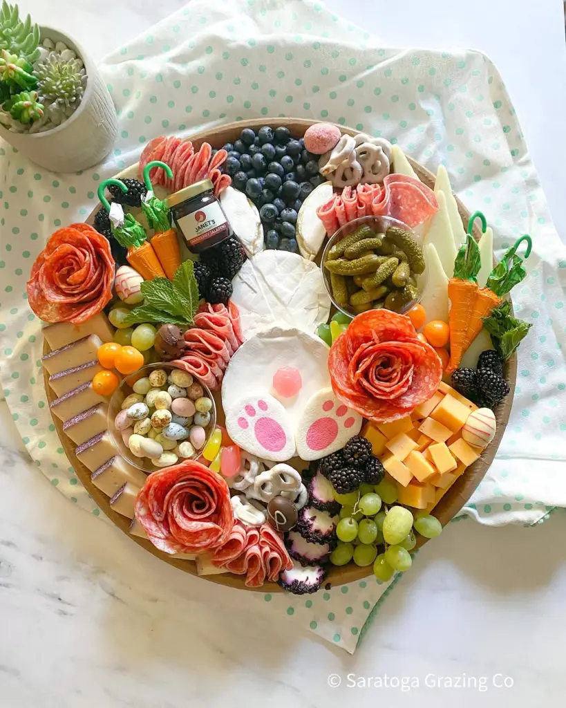 Easter charcuterie board with bunny-shaped brie featuring pink paw prints, salami roses, carrot-shaped cheese sticks, fresh berries, pickles, and speckled candy eggs on a wooden board with mint polka dot napkin.
