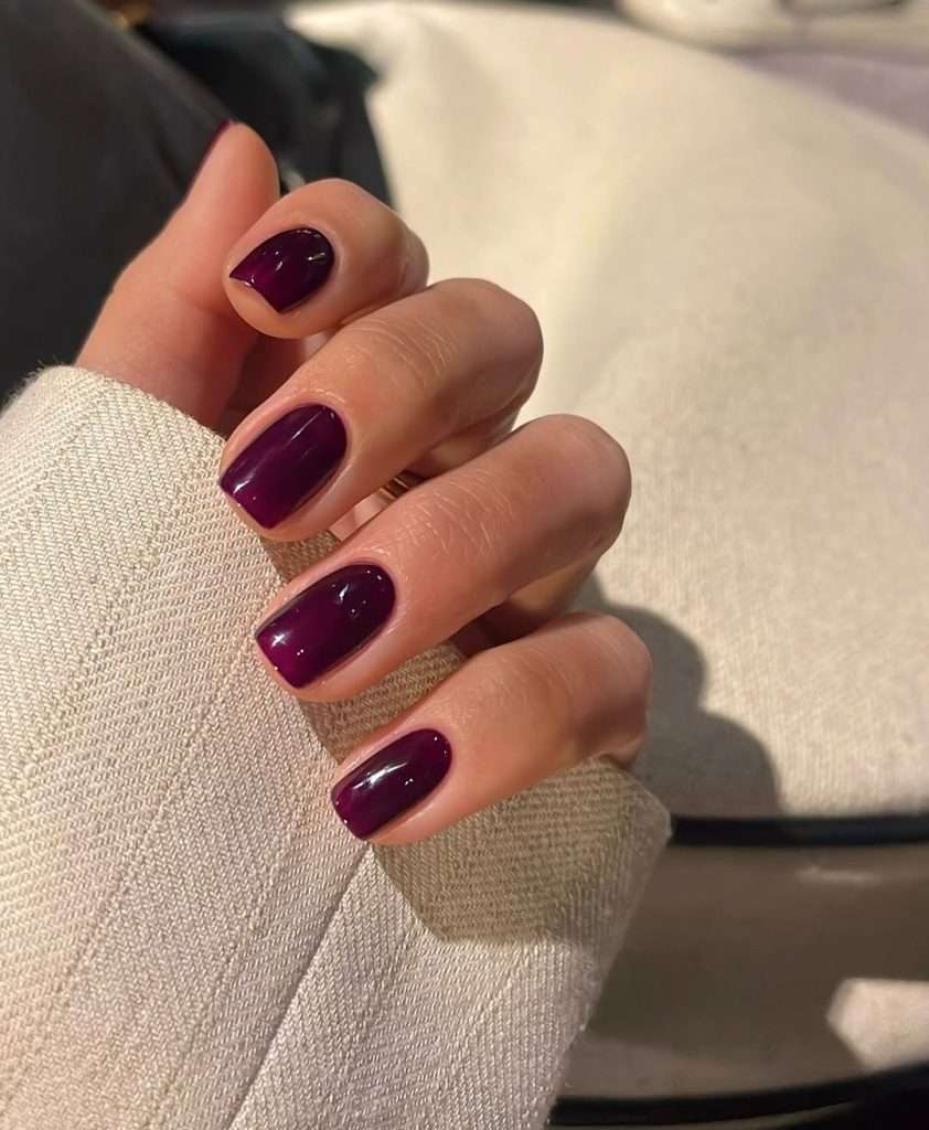 Short square nails with glossy dark plum purple polish
