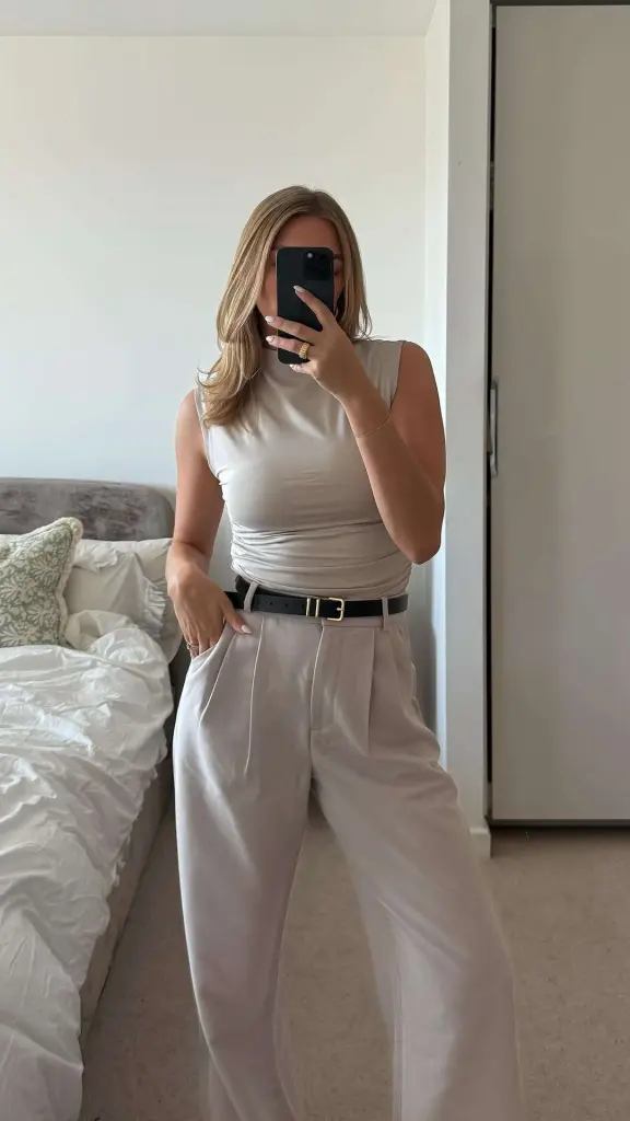 Business casual outfit with cream sleeveless top, beige pleated wide-leg trousers and black leather belt in bedroom setting