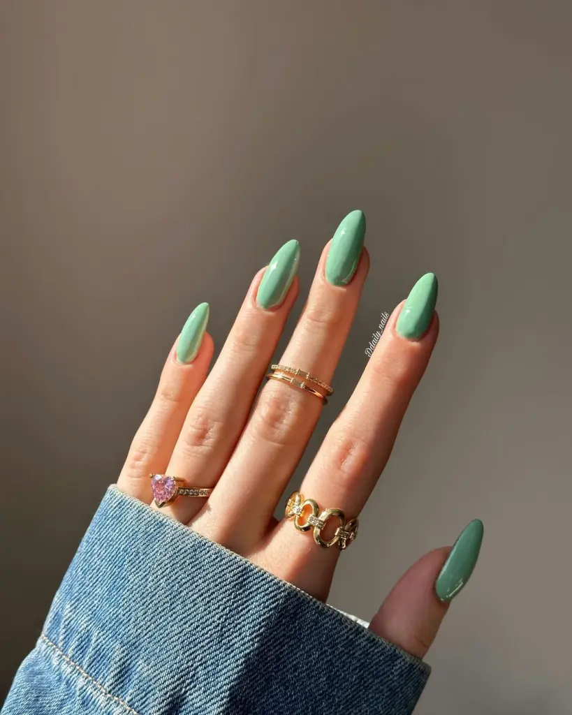  Long almond shaped glossy sage green nails with uniform solid color finish
