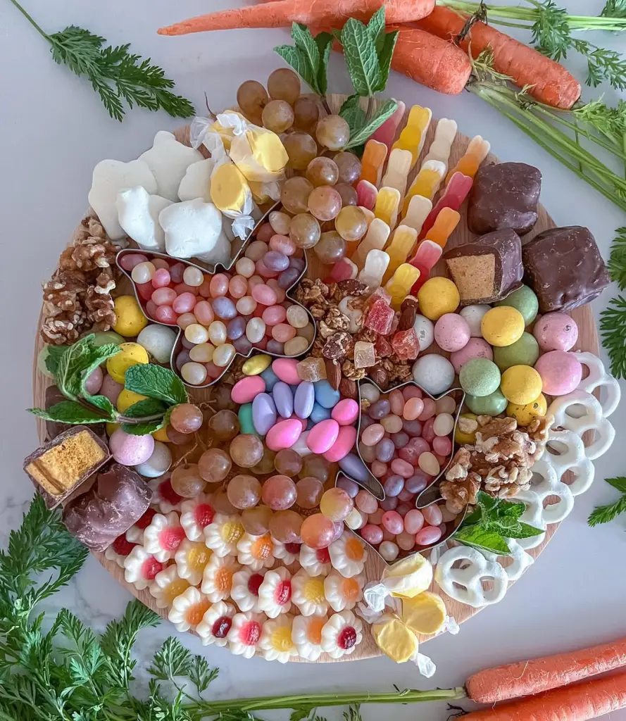 Easter dessert charcuterie board featuring Easter-shaped cookie cutters filled with jellybeans, pastel chocolate eggs, grapes, yogurt pretzels, chocolate covered treats, and licorice twists surrounded by fresh carrots with greens
