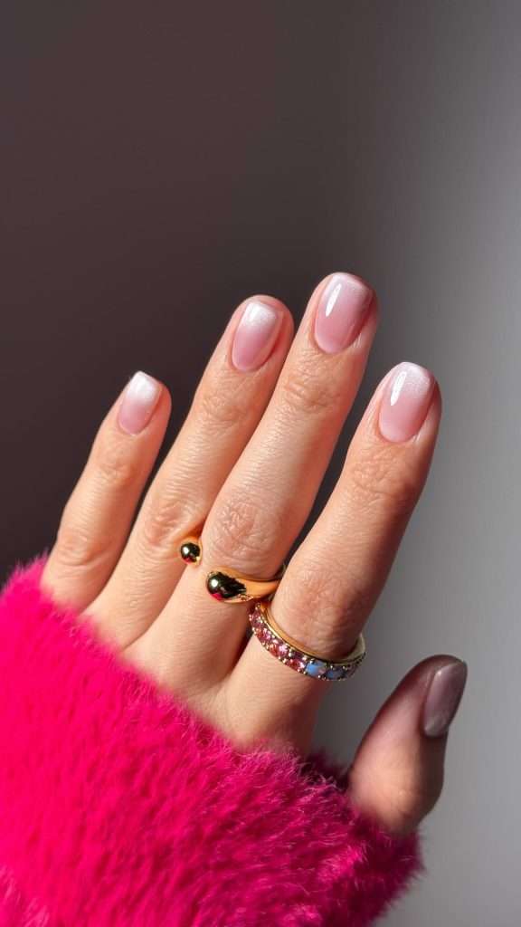 Short square nails with cat eye magnetic polish creating a gradient effect from white to pink
