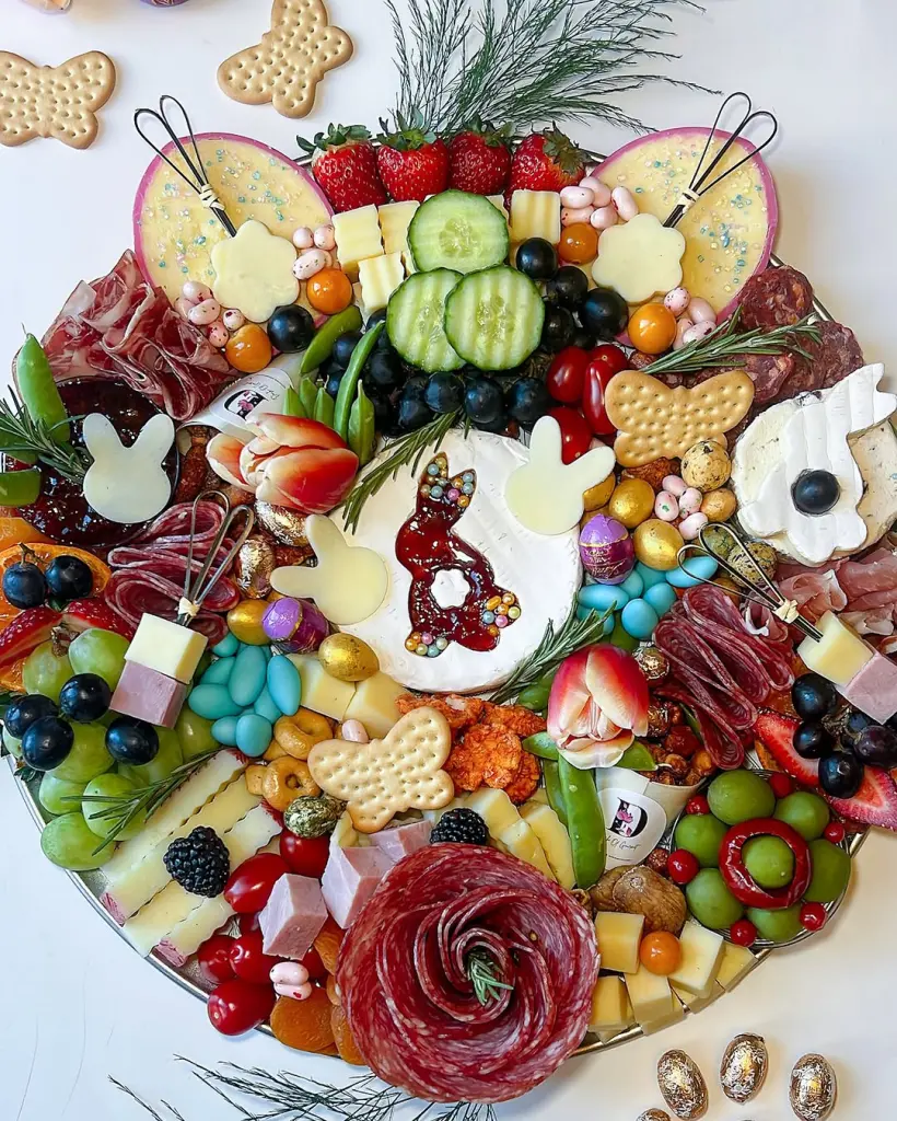 Easter charcuterie board featuring bunny-shaped cheese cutters, candy-filled jam bunny on brie, tulips, spring vegetables, bunny crackers, strawberries, blueberries, and salami rose arranged on a round serving platter