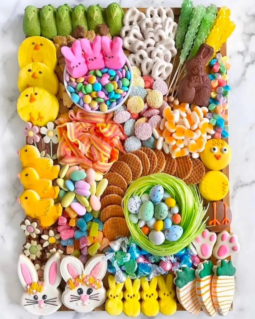 All-dessert Easter board with decorated bunny cookies, chick Peeps, candy-filled edible nest, chocolate bunnies, green marshmallow Peeps, yogurt pretzels, colorful candies, wafer cookies, and carrot-shaped treats arranged on rectangular wooden board